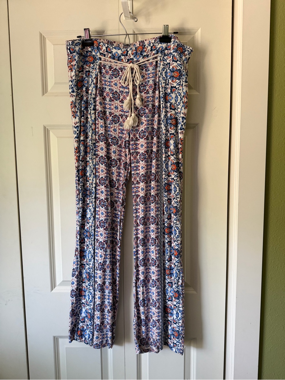 Boho Floral Wide-Leg Pants with Tassel Tie - Blue & White